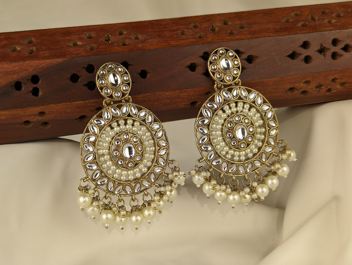 Gold Tone Earrings with Kundan Stones and Faux Pearls