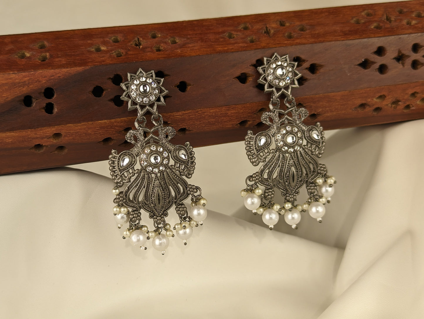 Oxidized Black Polish Flat Earrings with Peacock Motif