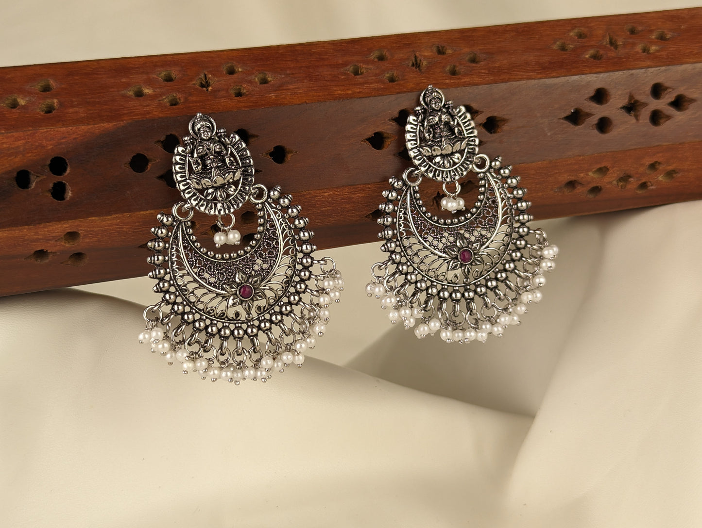 Oxidized Flat Earrings with Goddess Lakshmi Motif