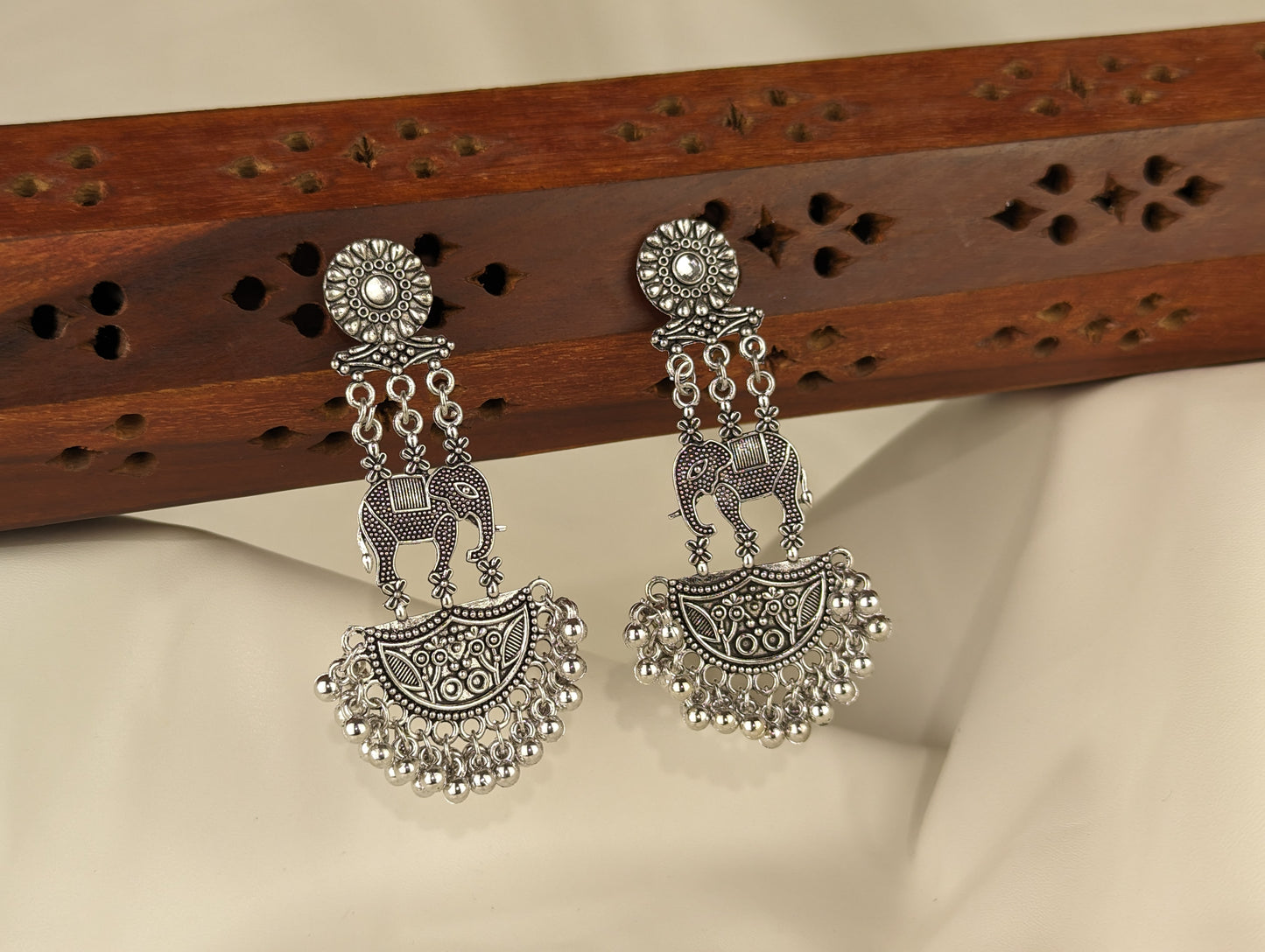 Oxidized Flat Earrings with Elephant Motif