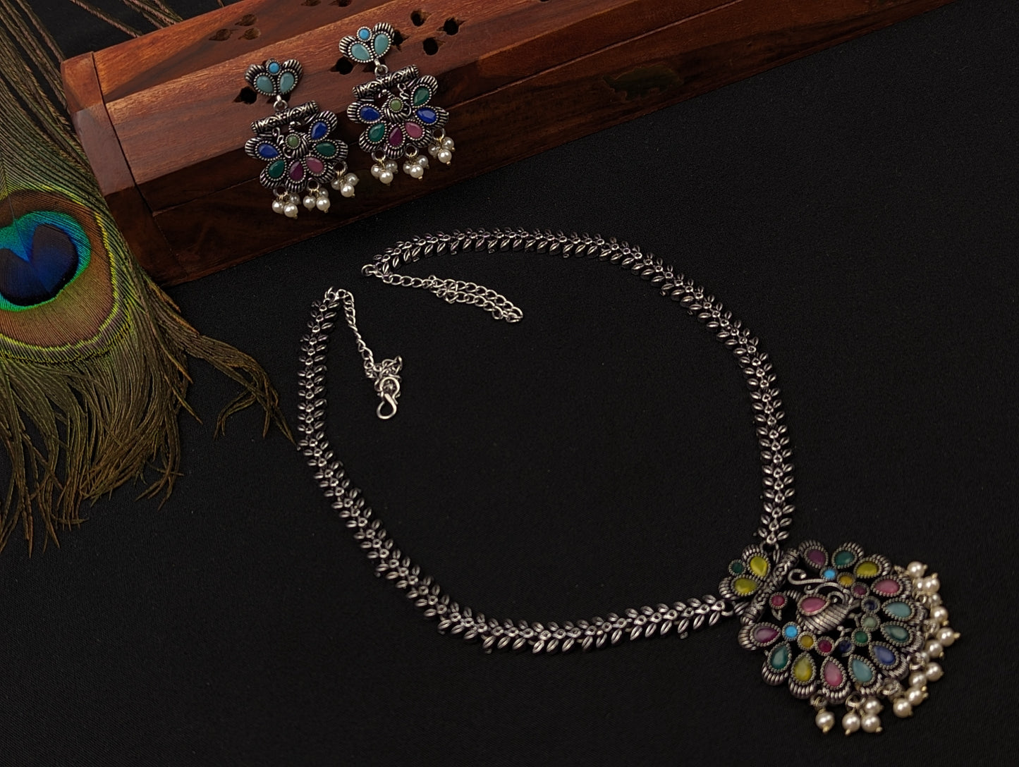 Oxidized Long Necklace and Earrings with Peacock Motif