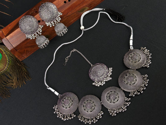 Oxidized Choker  Necklace, Jhumka Earrings and Maang Tikka Set