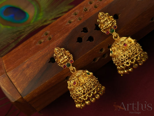 Goddess Lakshmi Motif Antique Gold Finish Jhumka Earrings Set