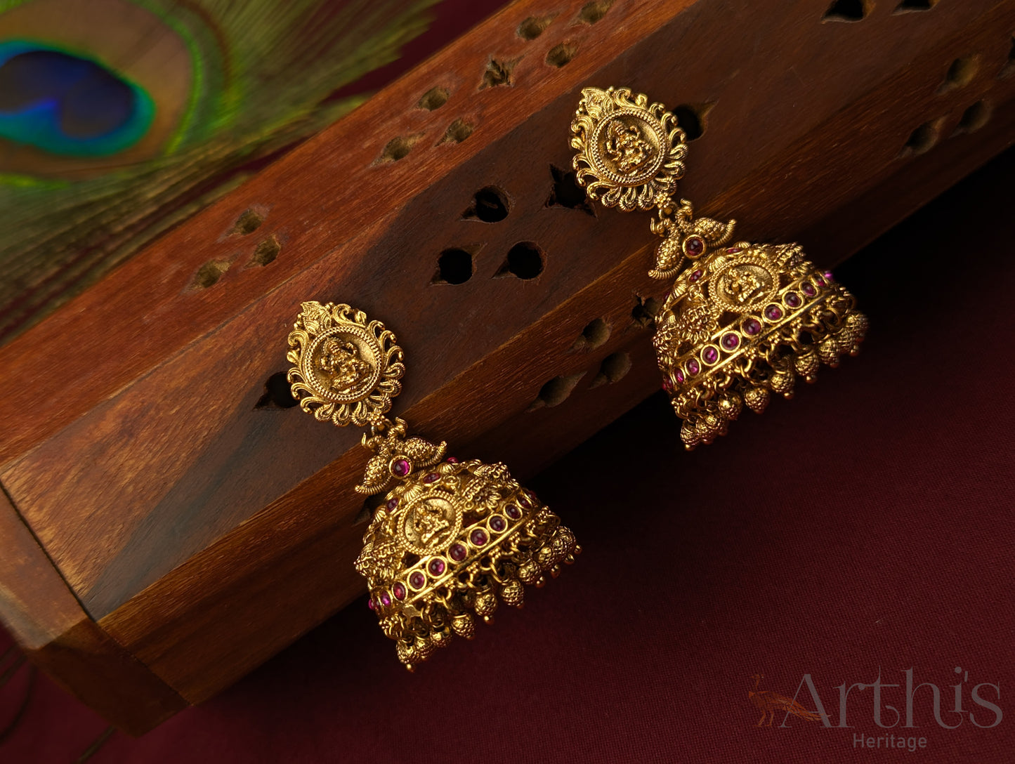 Goddess Lakshmi Motif Antique Gold Finish Jhumka Earrings Set