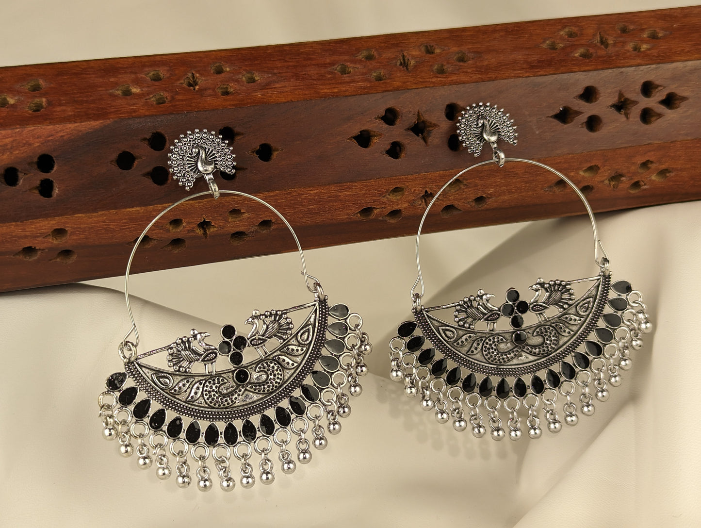 Oxidized Chandbali  Earrings with Peacock Motif