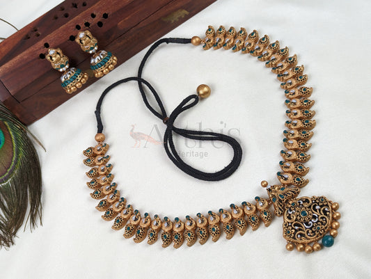 Peacock Terracotta Necklace & Goddess Lakshmi Earrings Set