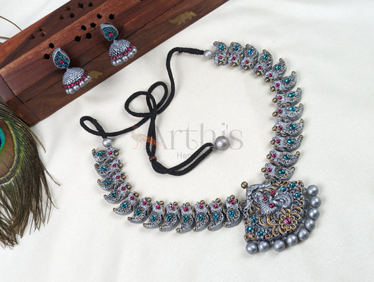 Oxidized Look Peacock Terracotta Necklace & Earrings Set