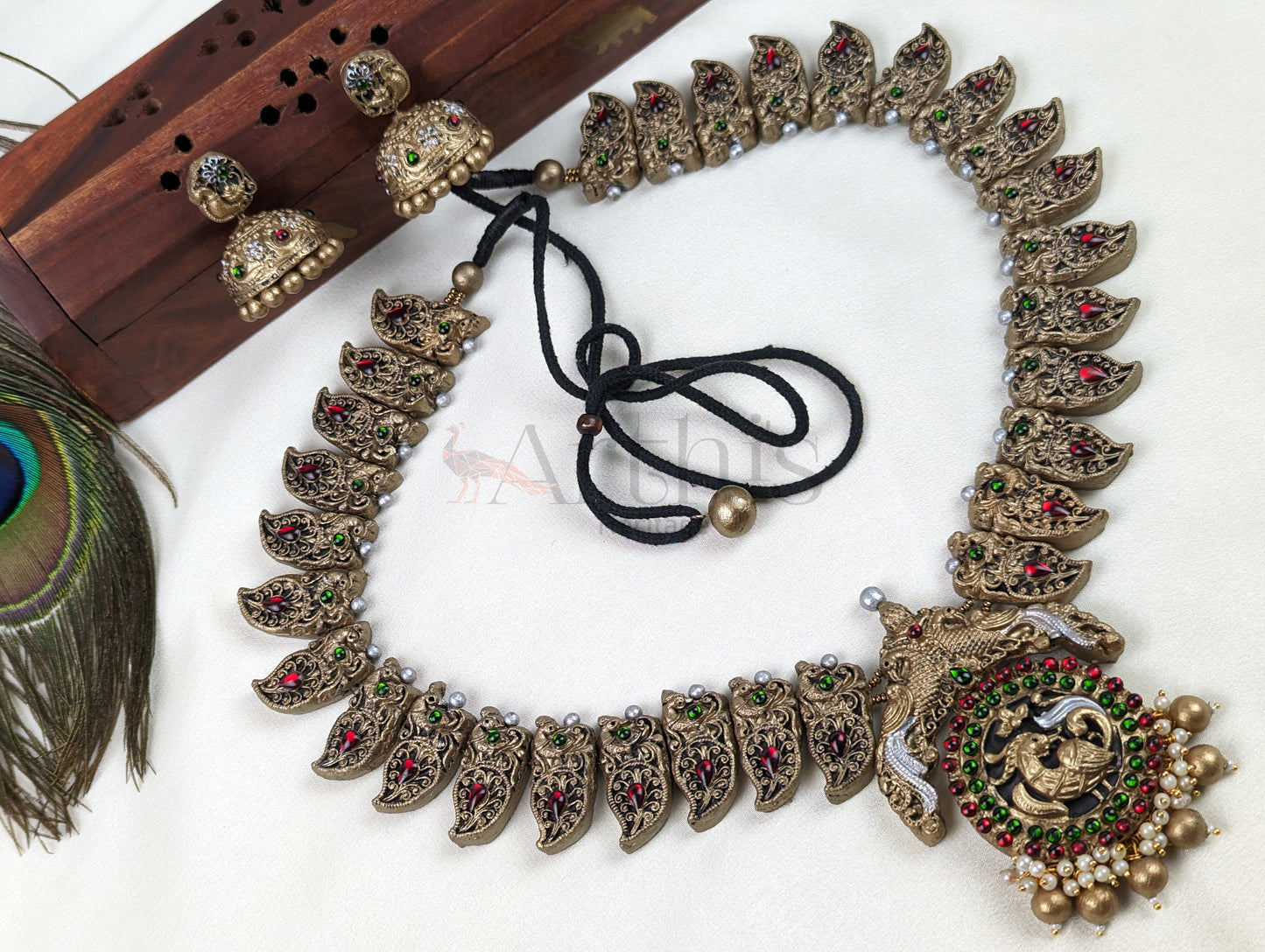 Antique Gold Look Peacock Terracotta Necklace & Earrings Set