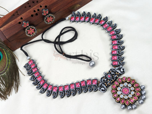 Oxidized Look Floral Terracotta Necklace & Earrings Set