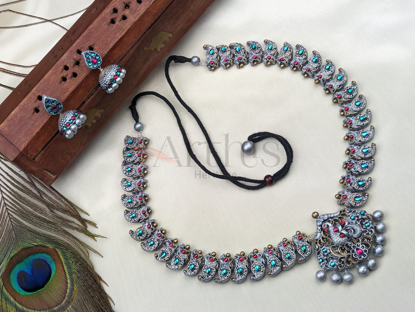 Oxidized Look Peacock Terracotta Necklace & Earrings Set