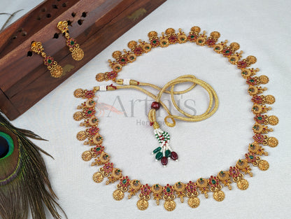 Goddess Lakshmi Motif Antique Haram Necklace and Earrings Set