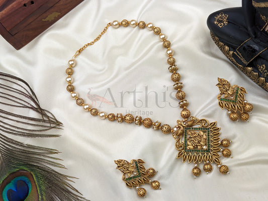 Lord Radhakrishna Mid Haram Necklace and Earrings Set - in two colour choices