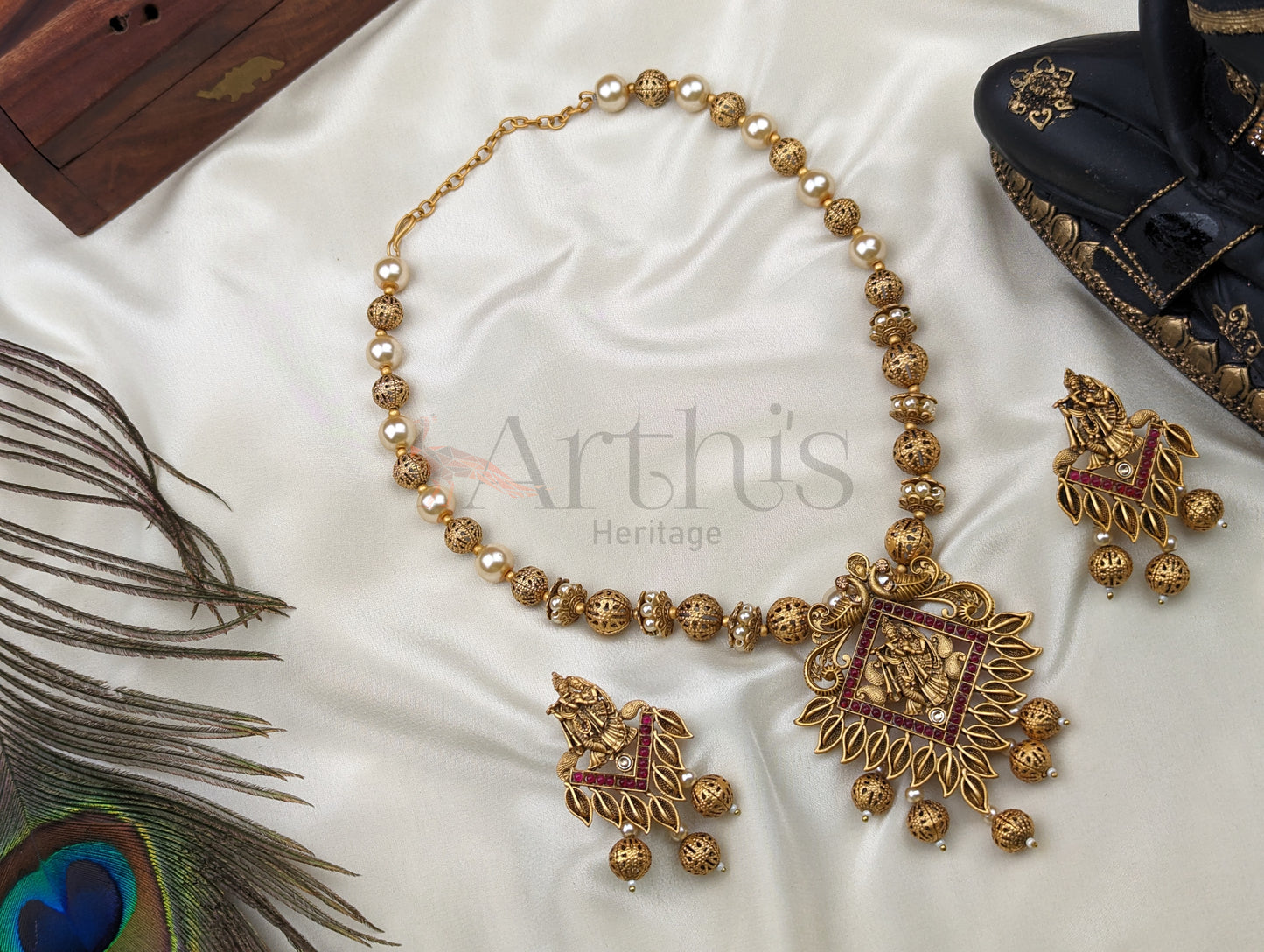 Lord Radhakrishna Mid Haram Necklace and Earrings Set - in two colour choices