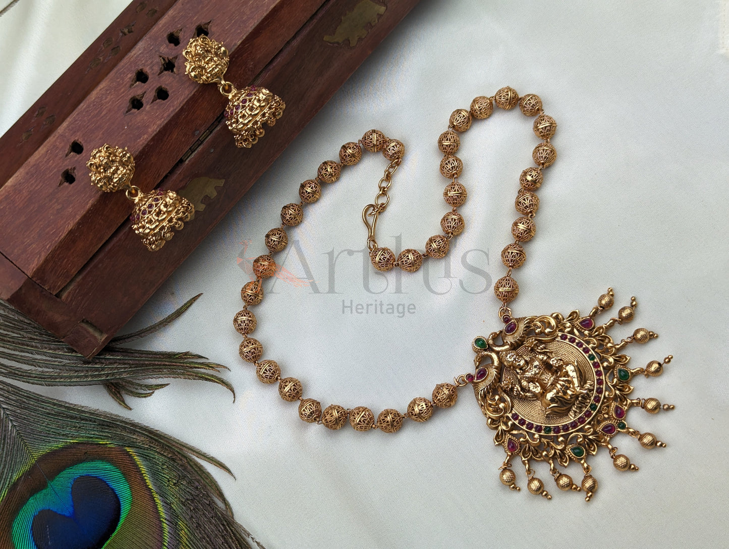 Goddess Lakshmi  Motif  Mid Haram  Necklace and Jhumka Earrings Set