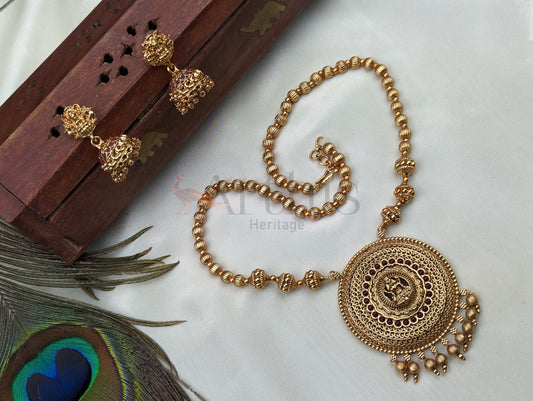 Goddess Lakshmi Motif Mid Haram Necklace and Jhumka Earrings Set