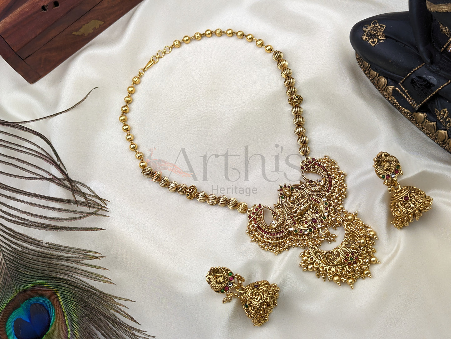 Goddess Lakshmi Motif Mid Haram Necklace and Jhumka Earrings Set