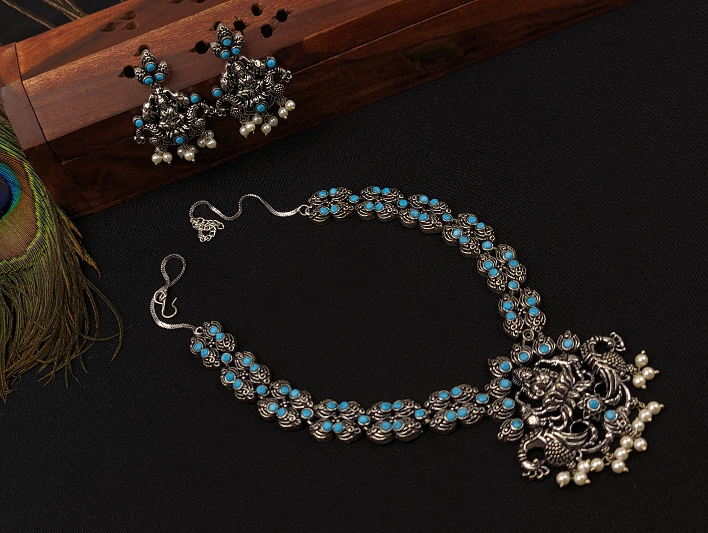 Goddess Lakshmi Motif Oxidized Necklace and Earrings Set