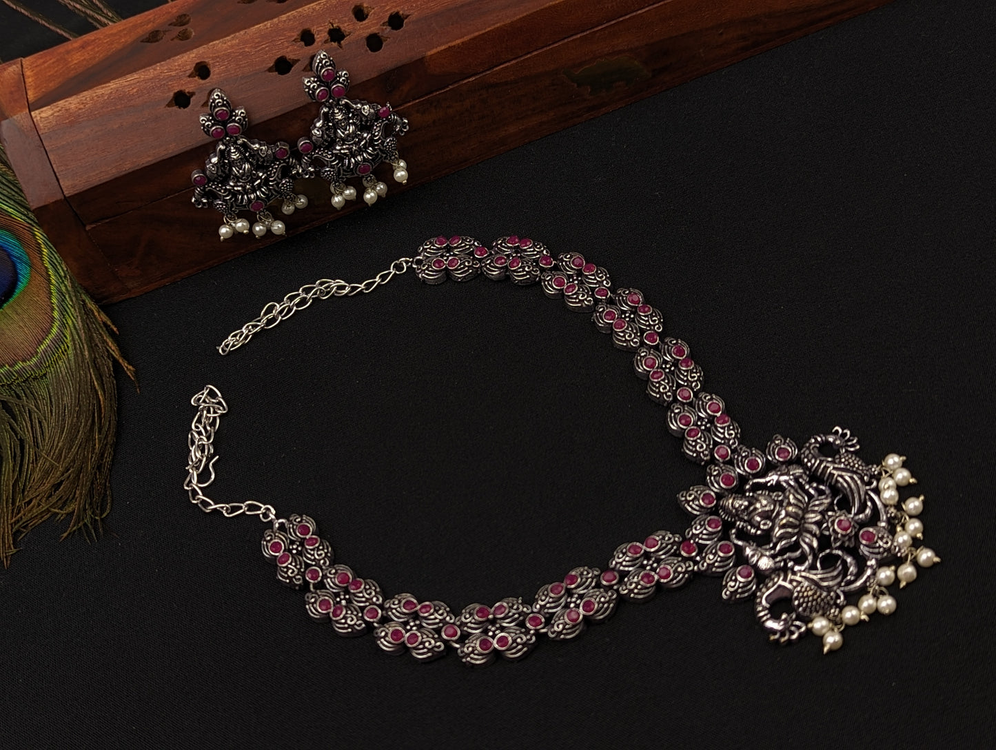 Goddess Lakshmi Motif Oxidized Necklace and Earrings Set