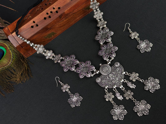 Oxidized Haram Necklace and Earrings Set - Flower Motif