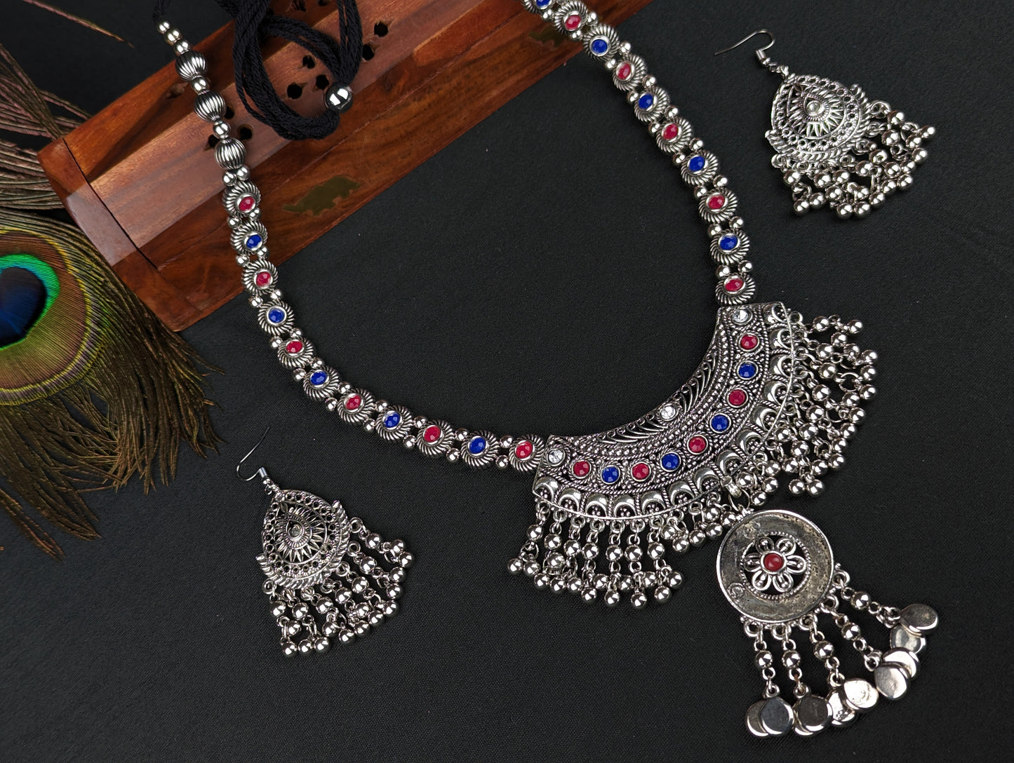 Oxidized Haram Necklace and Earrings Set - Flower Motif