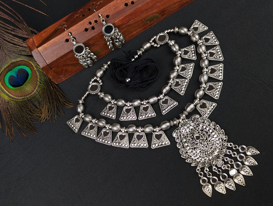 Oxidized Haram Necklace and Earrings Set - Flower Motif