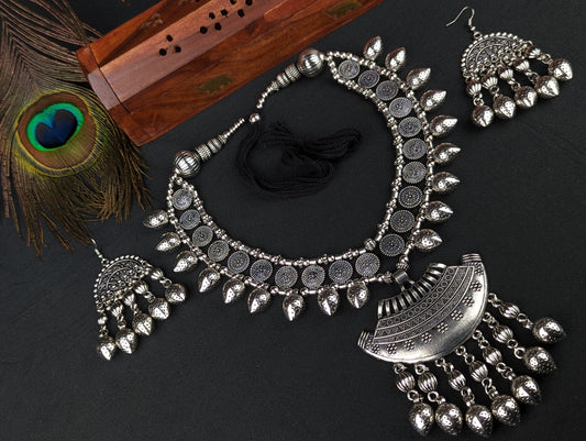 Oxidized Haram Necklace and Earrings Set - Flower Motif