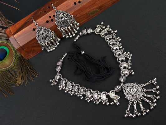 Oxidized Haram Necklace and Earrings Set - Peacock & Flower Motif