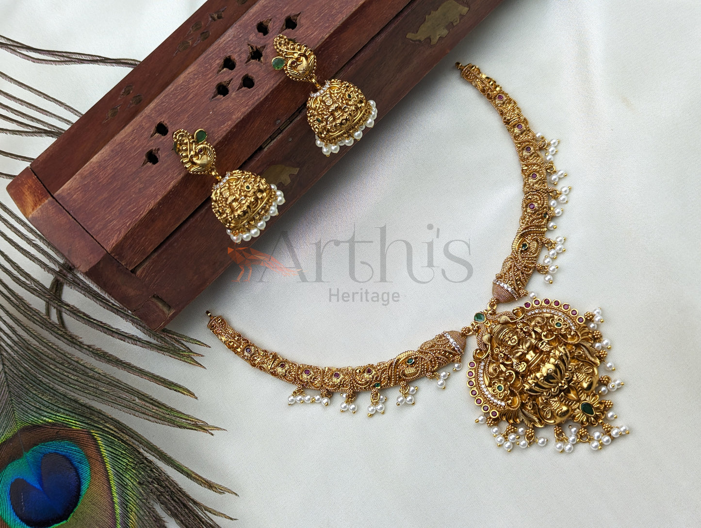 Goddess Lakshmi Motif Antique Gold Finish Necklace and Jhumka Earrings Set