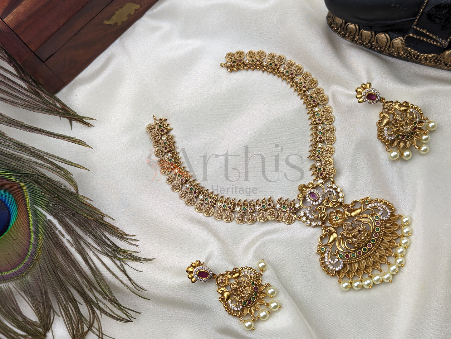 Goddess Lakshmi Motif Matte Gold Finish Necklace and Earrings Set