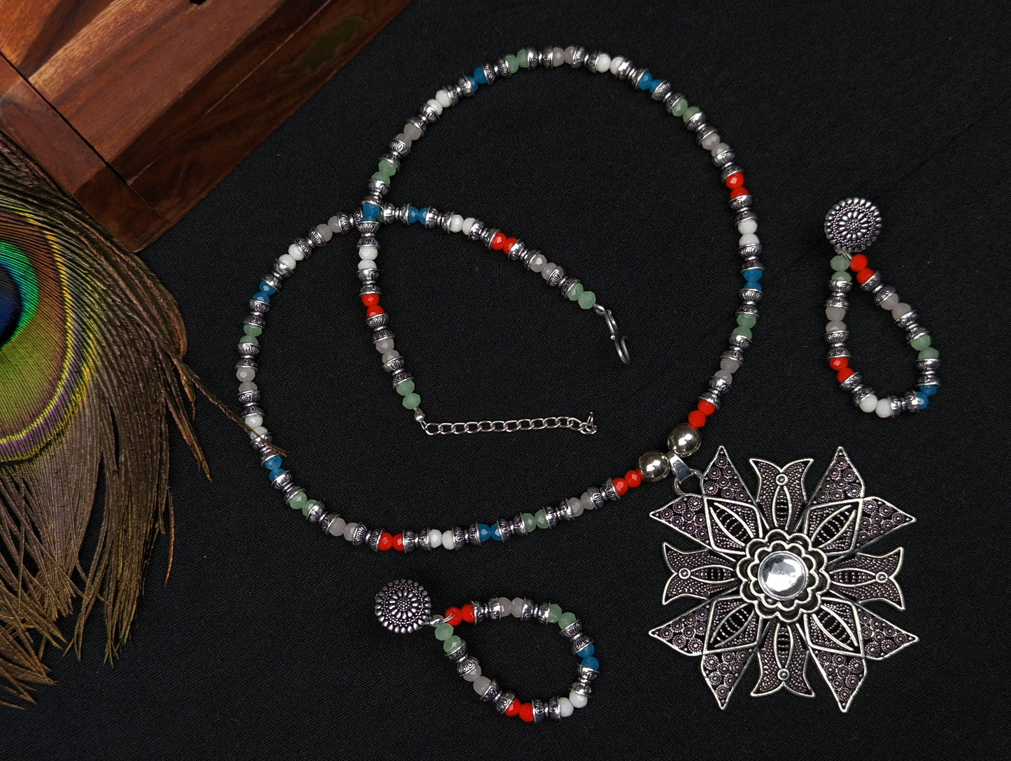 Beaded Oxidized Necklace and Earrings Set