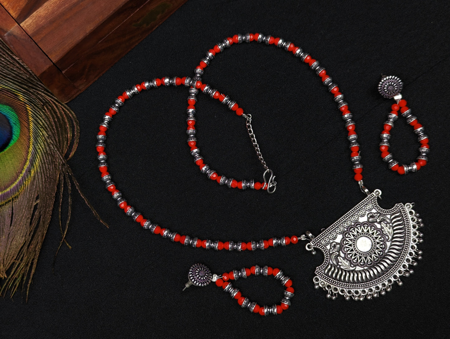 Beaded Oxidized Necklace and Earrings Set