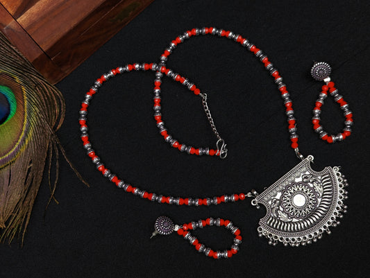 Beaded Oxidized Necklace and Earrings Set