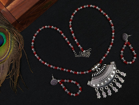 Beaded Oxidized Necklace and Earrings Set