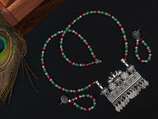 Beaded Oxidized Necklace and Earrings Set