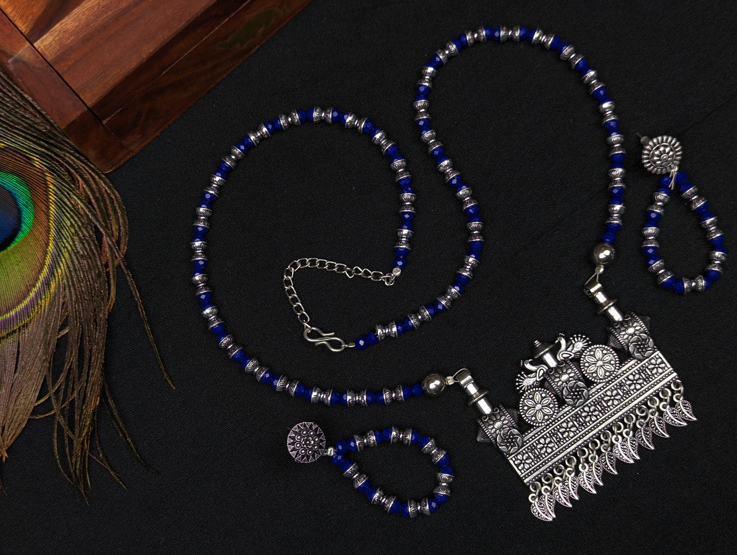 Beaded Oxidized Necklace and Earrings Set