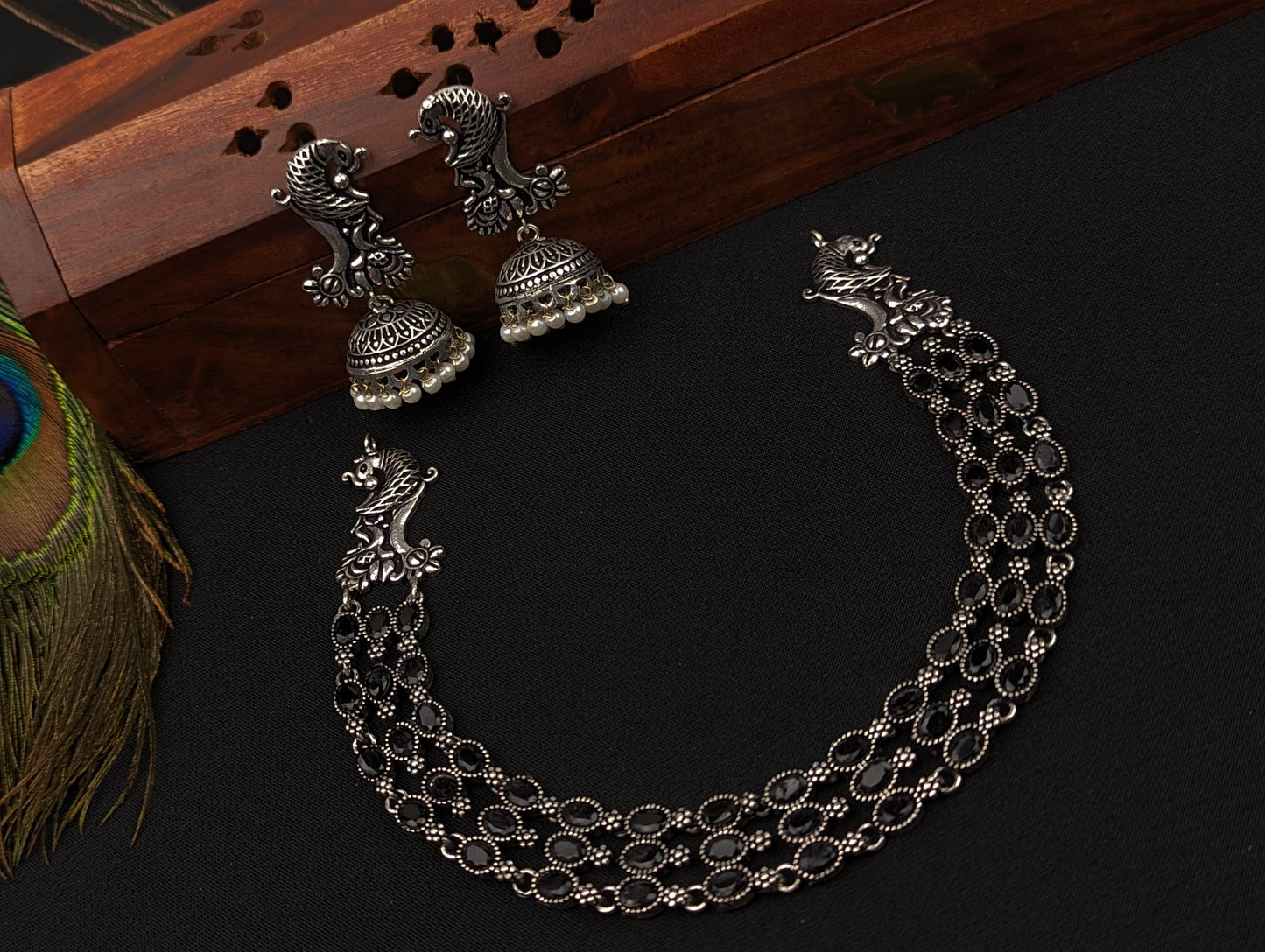 Oxidized Necklace and Jhumka Earrings Set