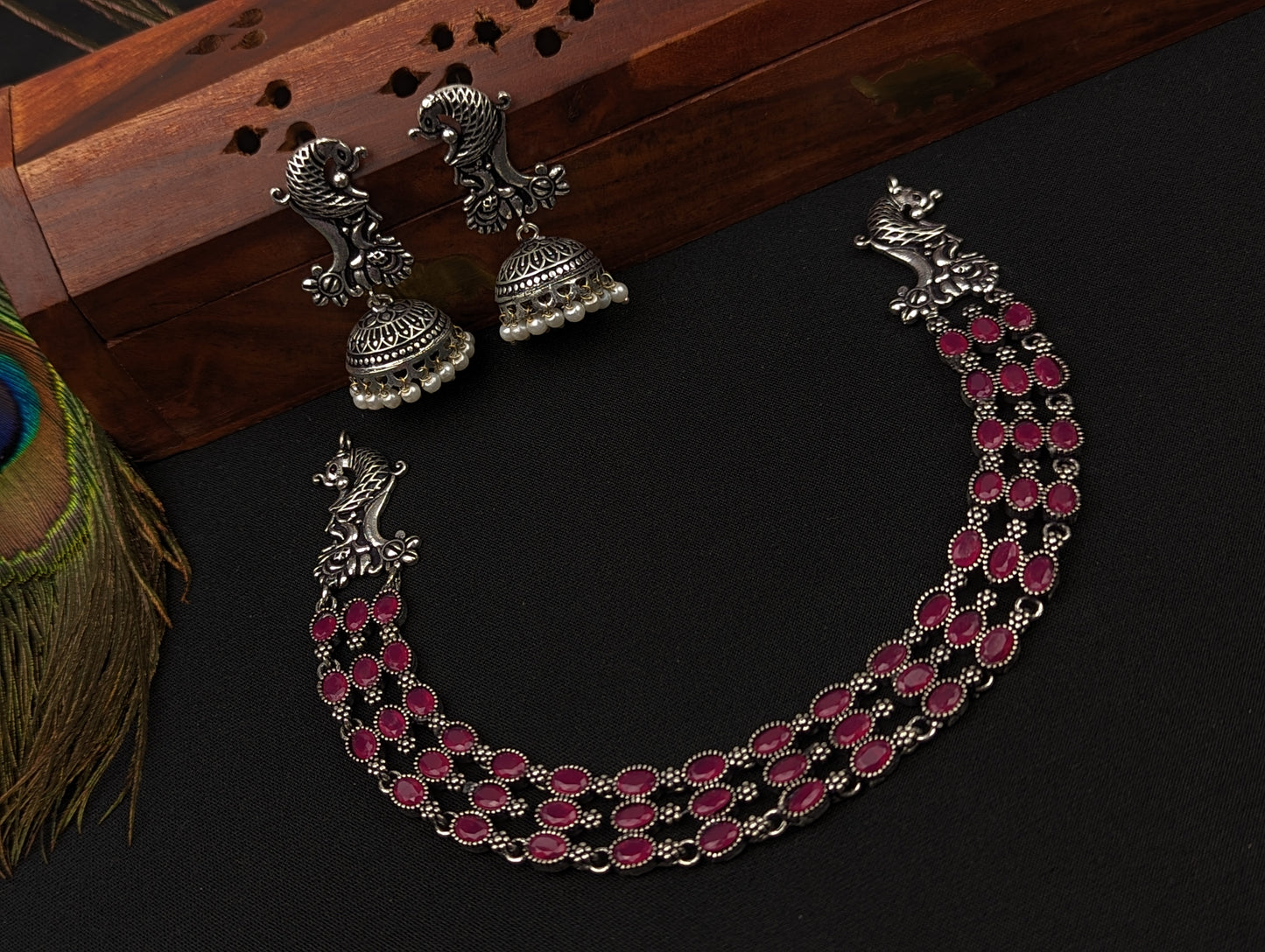 Oxidized Necklace and Jhumka Earrings Set