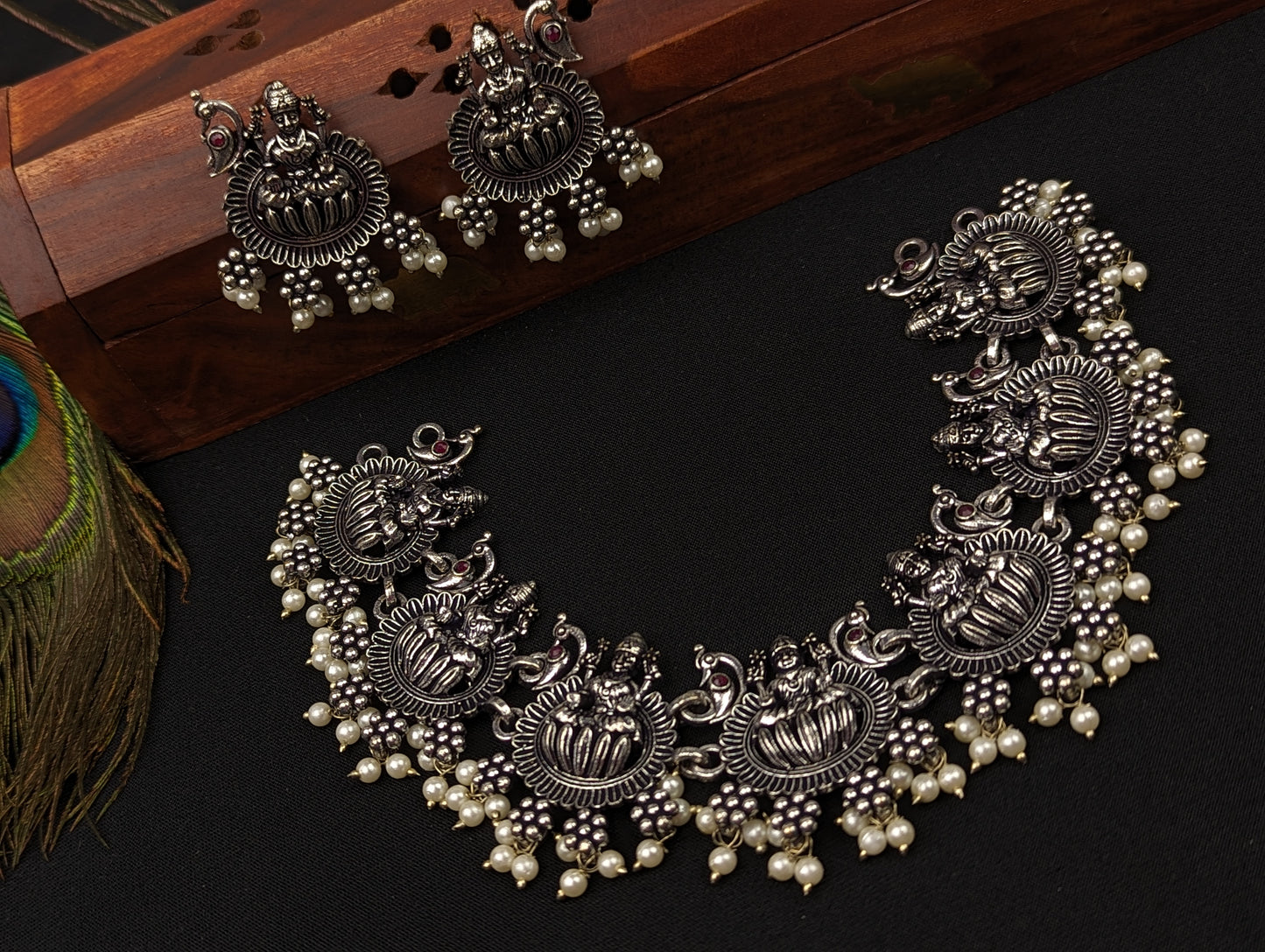 Goddess Lakshmi Motif Oxidized Necklace and Earrings Set