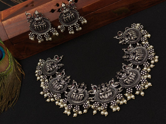 Goddess Lakshmi Motif Oxidized Necklace and Earrings Set