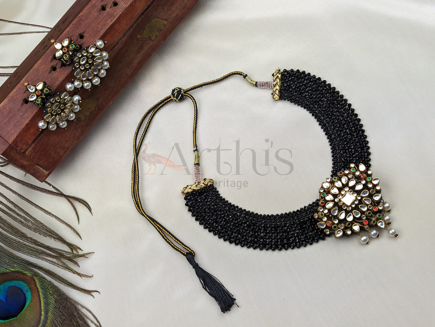 Terracotta Choker Necklace Set with Black Beaded Band & Kundan Stones