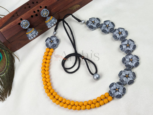 Flower Motif Beaded Terracotta Necklace & Earrings Set