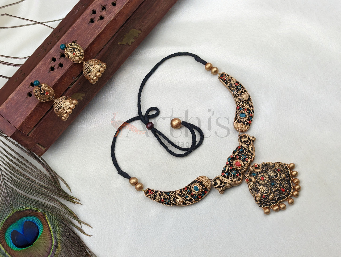 Peacock Floral Design Terracotta Necklace & Earrings Set